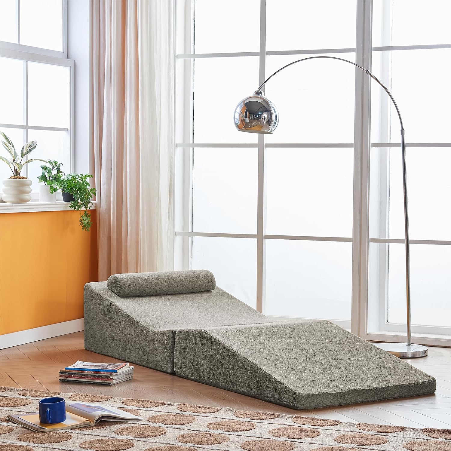GDFStudio Rue Velvet Foldable Sofa Bed, Convertible Sleeper Chair with Pillow, Foldable Mattress with Back Support, Portable Lounge Sofa for Living Room/Bedroom, No Assembly Needed, Gray