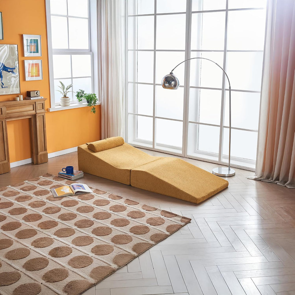 GDFStudio Rue Velvet Foldable Sofa Bed, Convertible Sleeper Chair with Pillow, Foldable Mattress with Back Support, Portable Lounge Sofa for Living Room/Bedroom, No Assembly Needed, Mustard Yellow