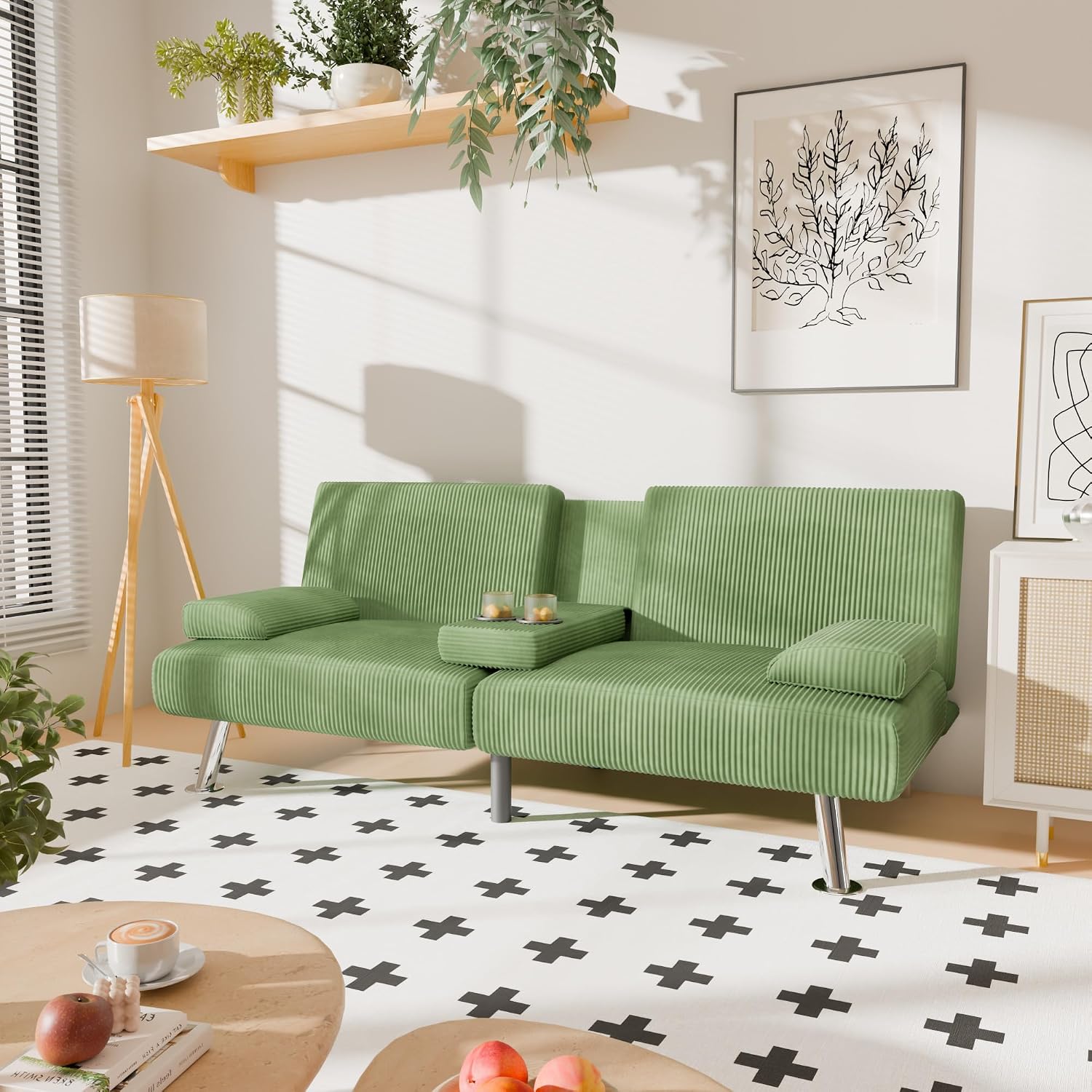 YESHOMY Futon Sofa Bed, Futon Couch with Adjustable Backrest, Convertible Sleeper Sofa with Removable Armrests, Loveseat in Corduroy with 2 Cup Holders for Living Room, Apartment (Green)