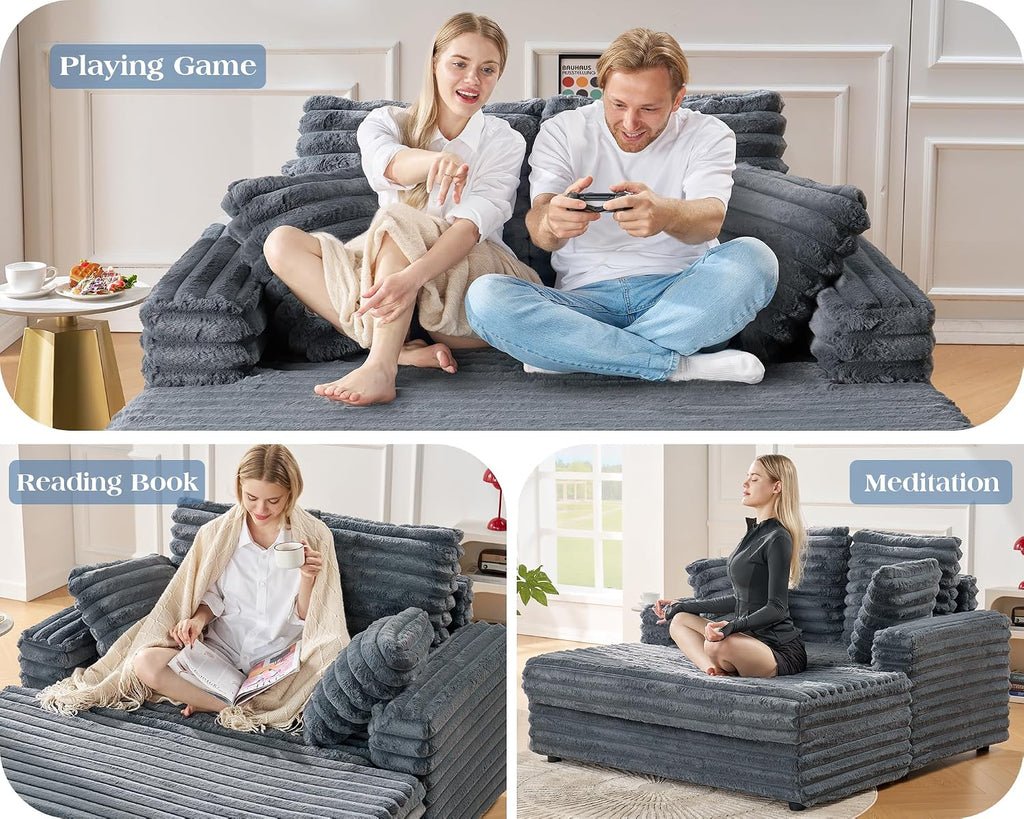 VanAcc 58-Inch Plush Chaise Lounge, Complete with Cozy Throw Pillows, Upholstered Sofa Bed with Armrests, Faux Fur Chair Bed for Living Room, Dark Grey