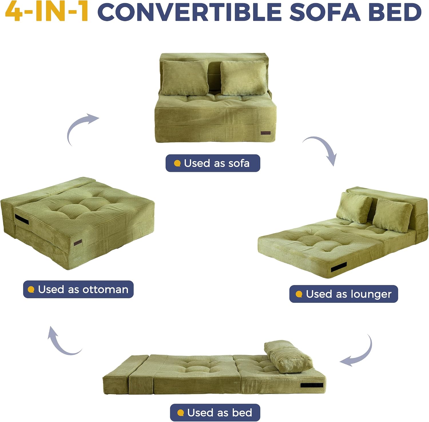 MAXYOYO Convertible Sofa Bed, Fold Out Sleeper Sofa with Pillow, 4 in 1 Tufted Folding Couch Bed Foam Floor Couch, Lazy Chair for Living Room Bedroom Guest Room, Green