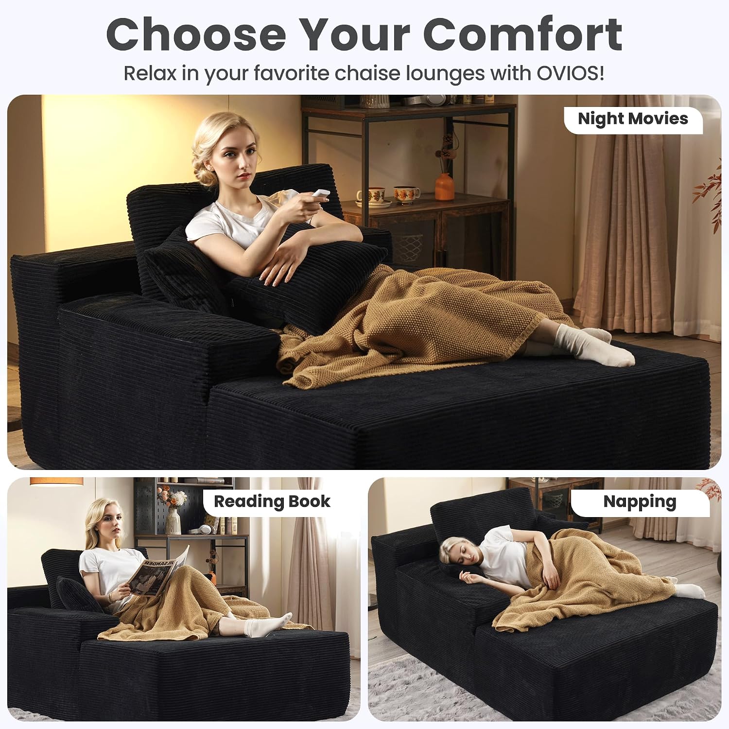 ovios 67'' Chaise Lounge Chair Indoor, Oversized Upholstered Boneless Sofa Bed, Deep Seat Sleeper Couch, Plush Cloud Sofas Couches for Living Room, No Assembly Required (Corduroy, Black)