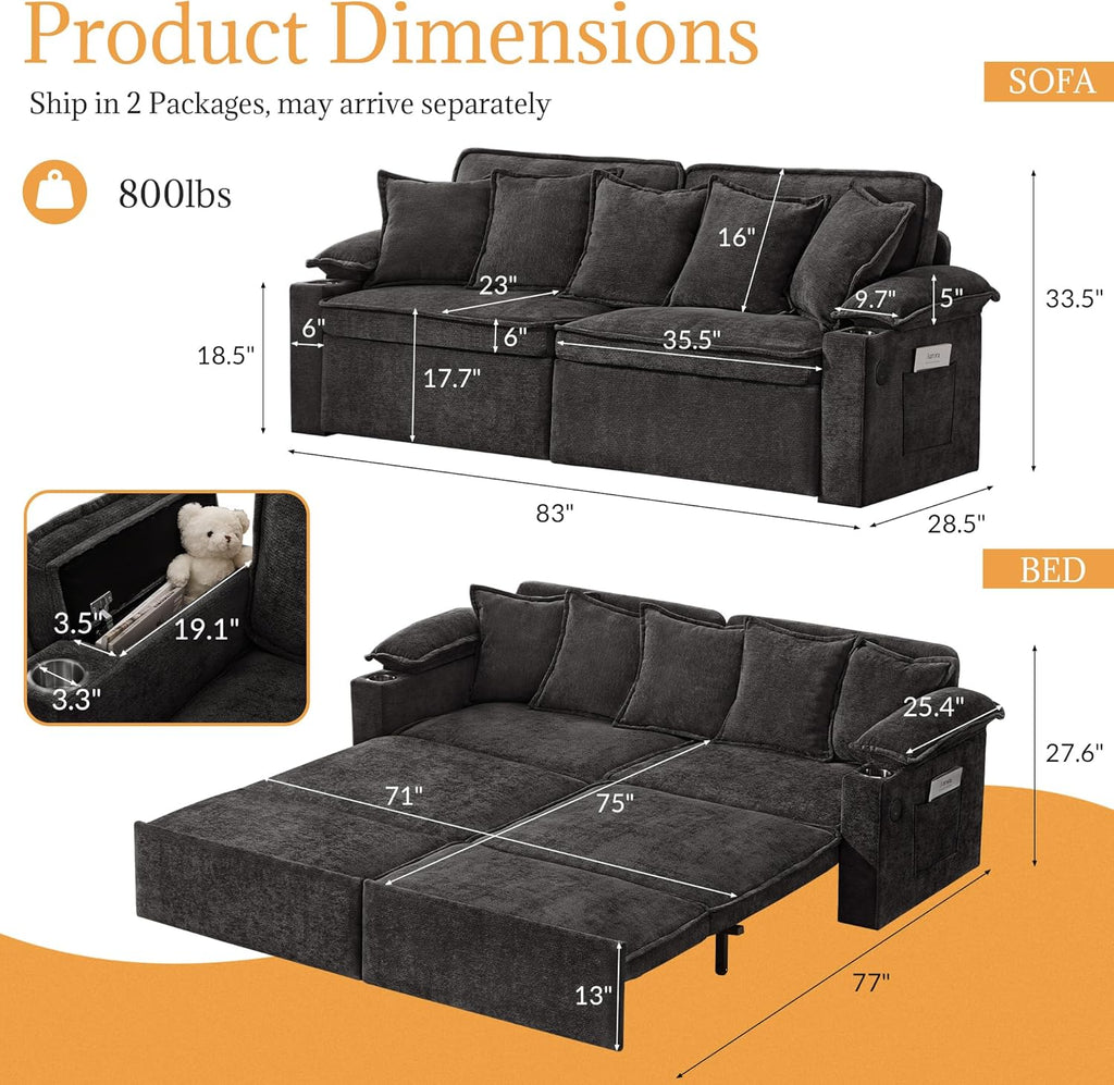 SUNWAVE 83' King Size Pull Out Sofa Bed, 4-in-1 Convertible Sleeper Sofa Bed with USB Ports, Cup Holders, Side Pockets, Corduroy Oversized Loveseat Chaise Lounge for Living Room, Small Space