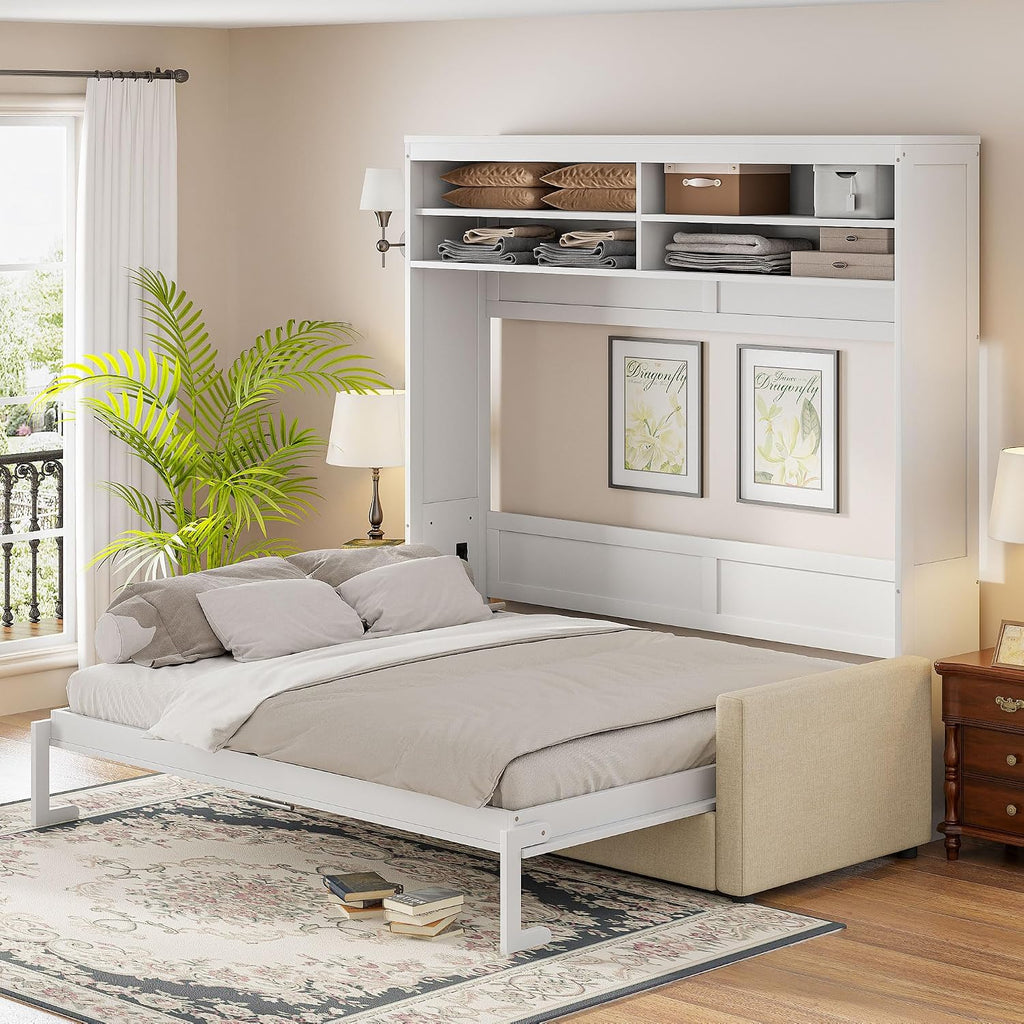 Merax Queen Size Murphy Bed, Wooden Queen Murphy Bed with Sofa and Cushion, Wall Bed with Shelves, White