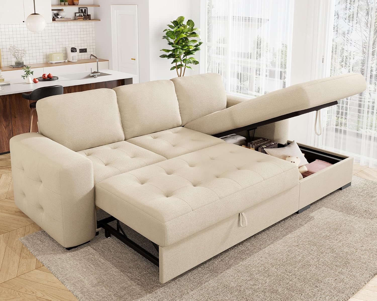 VanAcc 96' Sofa Bed Couch with Storage Chaise, Convertible Sleeper Sofa, Sleeper Couch with Pull Out Bed for Living Room(Beige)
