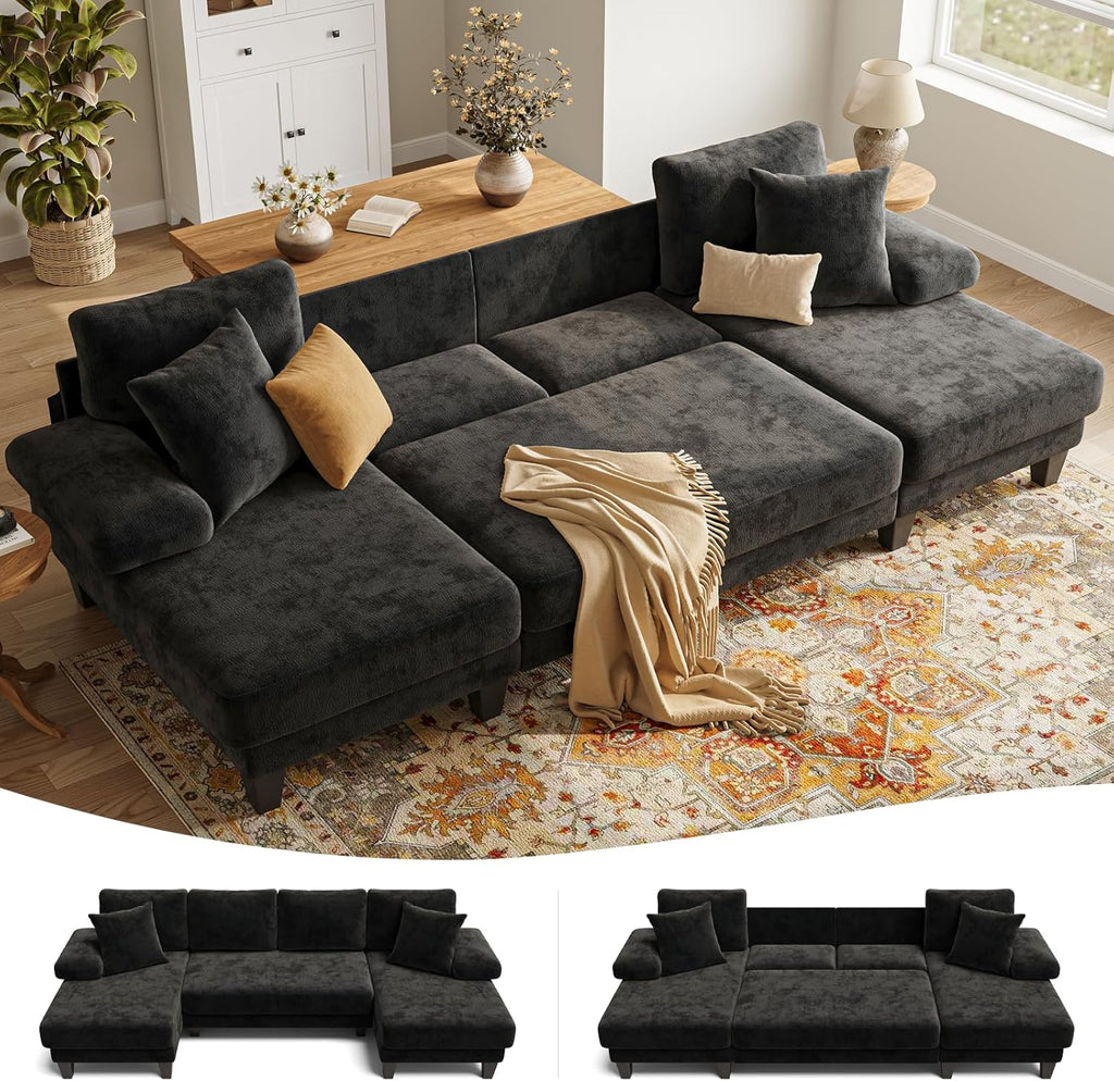 Txtin's Sleeper Sofa with Pull Out Couch Bed | 112 Inch Couches for Living Room | U-Shaped Convertible Sofa Bed | Chenille Black