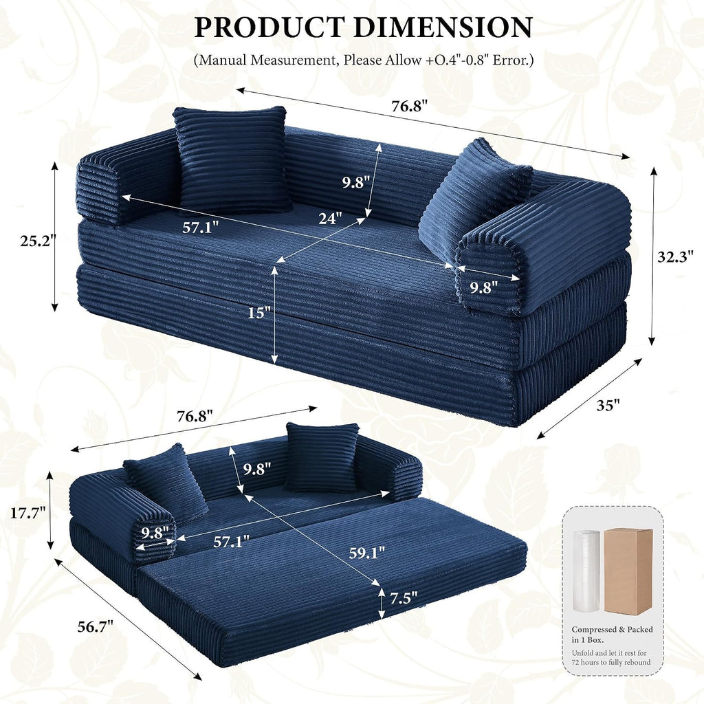 Boneless Couch Futon Sofa Bed Sectional Couches for Living Room,Cloud Couch with Sleeper Sofa,Sofas for Living Room Oversized Corduroy Upholstered (Blue, 76 Inches (No Iron Frame))