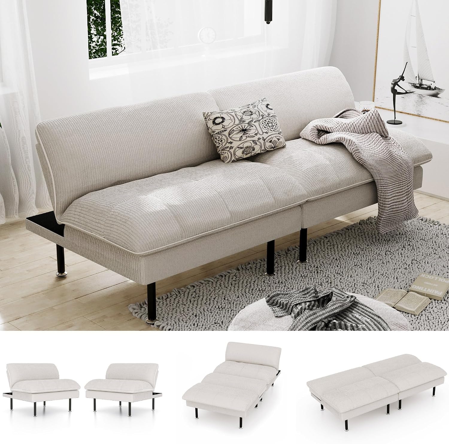 Ribilake 70' Futon Sofa Bed, 4 in 1 Multi-Function Couch Sleeper with Adjustable Backrest, Modern Convertible Futon, Recliner Small Loveseat for Living Room, Dorm, Beige