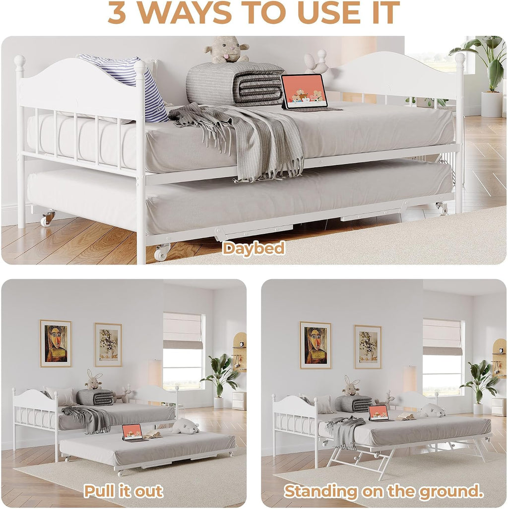 Daybed with Trundle, Metal Twin Size Day Bed with Stylish Headboard, Sofa BedFrame with Pop Up Foldable Trundle Bed, Heavy Duty Steel Slats Platform for Living Room, Bedroom and Guest Room, White