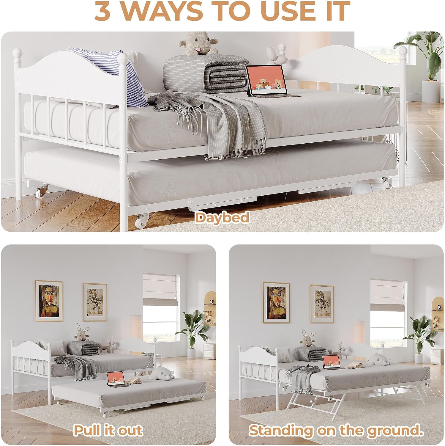 Daybed with Trundle, Metal Twin Size Day Bed with Stylish Headboard, Sofa BedFrame with Pop Up Foldable Trundle Bed, Heavy Duty Steel Slats Platform for Living Room, Bedroom and Guest Room, White