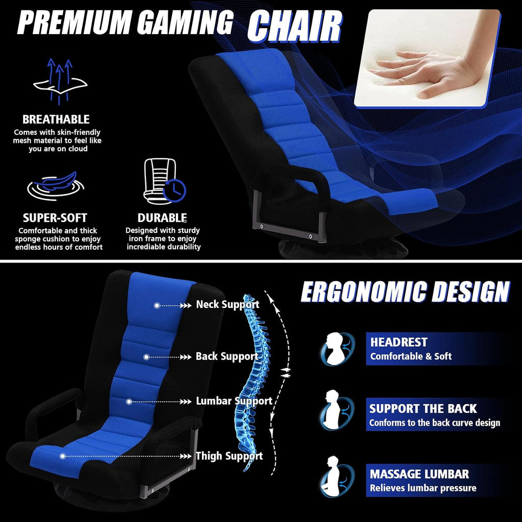 Swivel Gaming Chair Multipurpose 2PACK Floor Gaming Chair for Playing Video Games, TV, Reading w/Armrest Lumbar Support & 6 Adjustable Postion Backrest for Adults,Blue