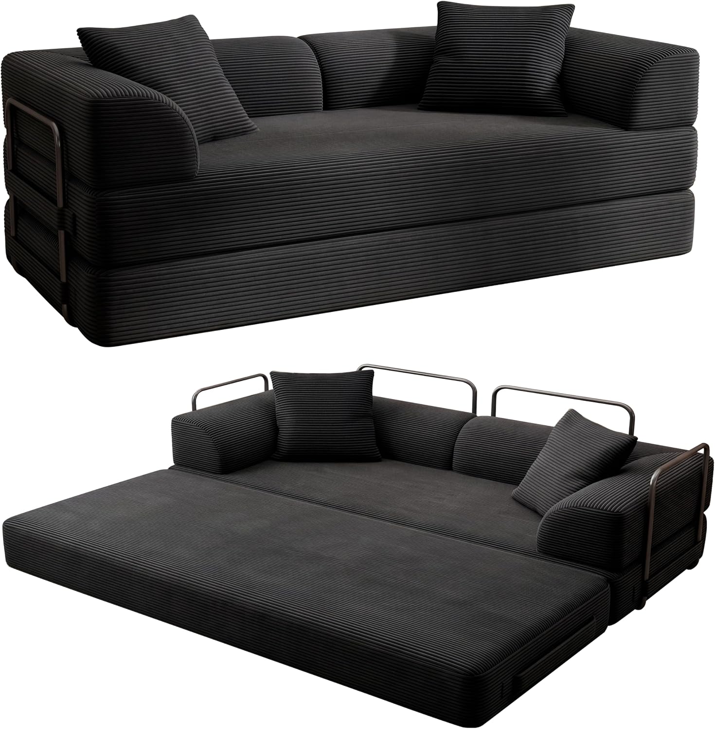 Cloud Boneless Convertible Sofa Bed, 5-in-1 Foldable Compressed High-Density Sponge Sofa, 70' Corduroy Fabric 2 Seater Sleeper Couch Futon Daybed for Living Room Bedroom (Black)