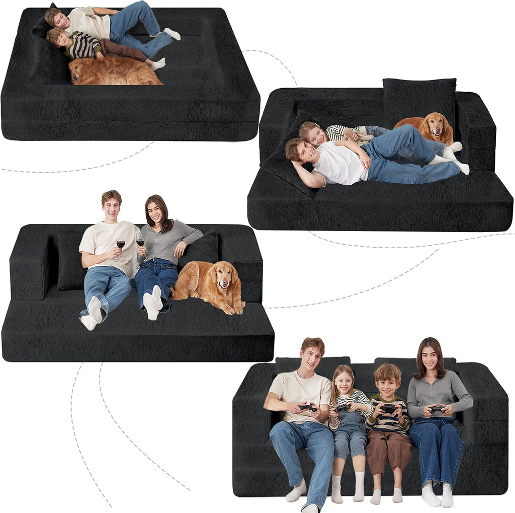 Futon Sofa Bed with Pillow, 3-in-1 Sleeper Sofa Bed with Removable Cover, Convertible Floor Sofa Bed, No Assembly Boneless Couch for Living Room, Bedroom
