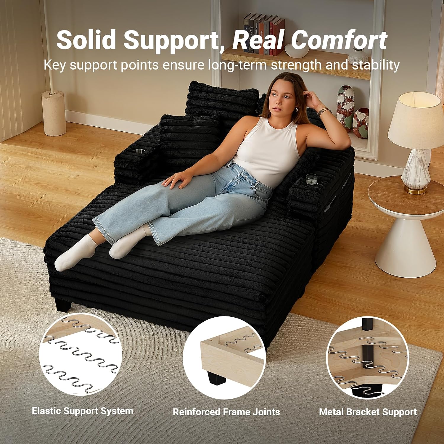 Amsleekey 64' Chaise Lounge Chair Indoor, Oversized Sleeper Chair with Wood Frame, Upholstered Sofa Bed for Living Room, Movie Room, Bedroom with 4 Storage Pockets&2 Cup Holders(Plush Corduroy, Black)