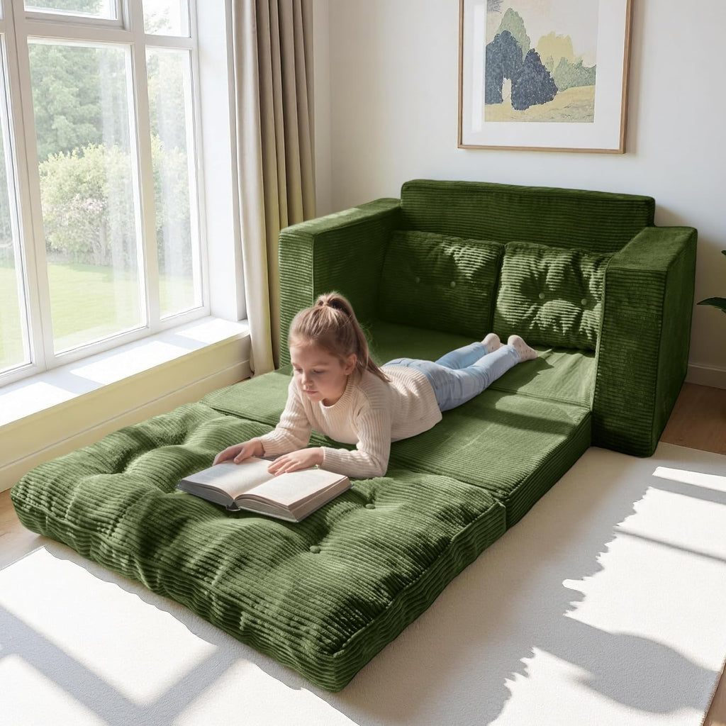 MAXYOYO Convertible Sofa Bed, Pull Out Loveseat Sleeper Sofa, 2 in 1 Folding Couch Bed, Fold Out Floor Couch with Pillows for Living Room Bedroom Lounge, Dark Green