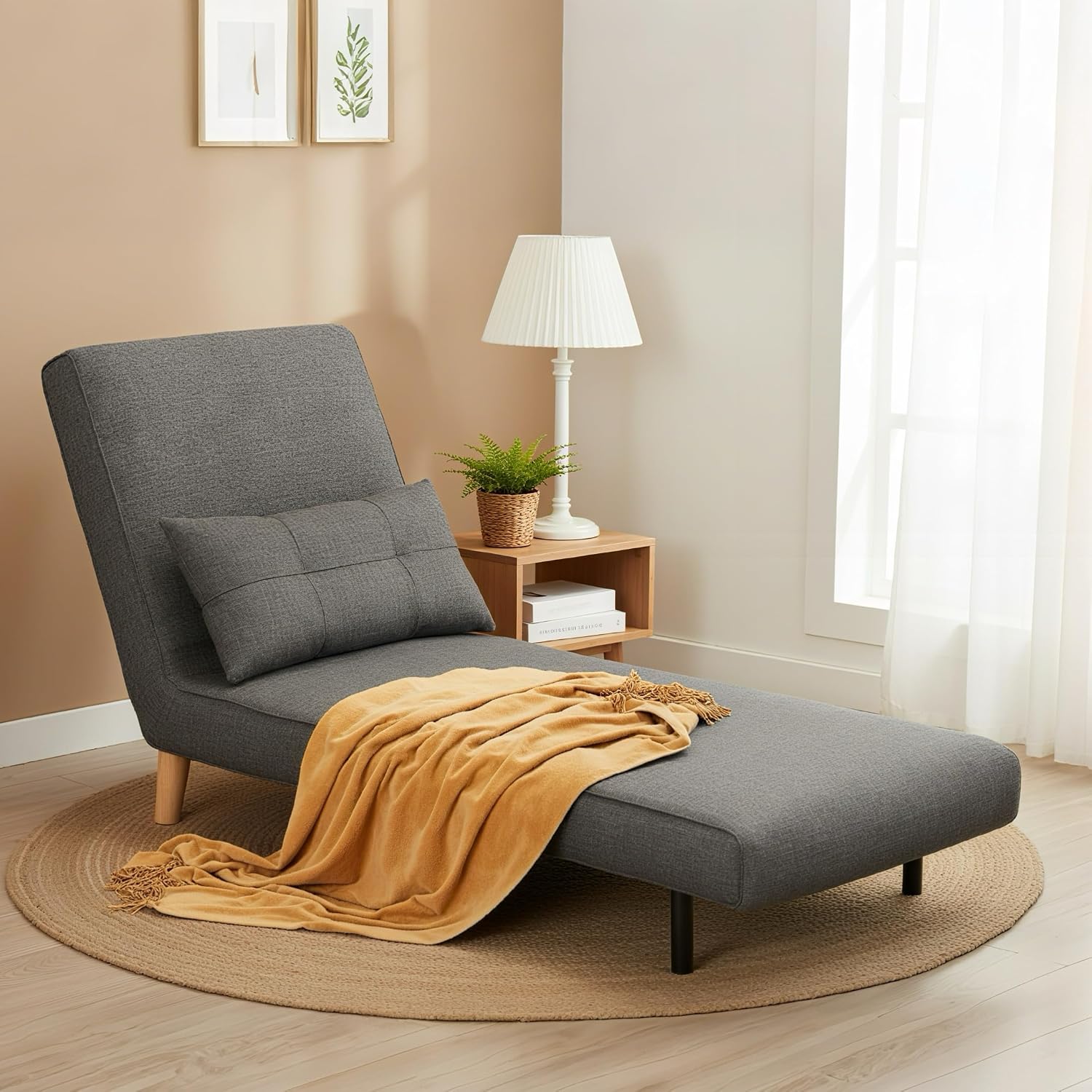 Ahomly Convertible Sleeper Chair, 3 in 1 Chair Bed, Futon for Adults with 6 Angle Adjustable Backrest, Single Sofa Bed for Living Room/Apartment/Office, Dark Gray