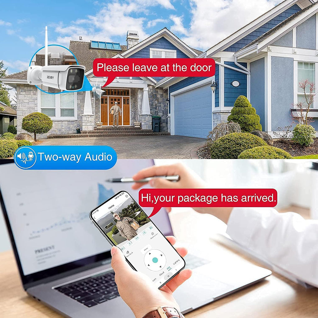 REIGY 3MP WiFi Security Camera System with Floodlight Without Hard Drive, 2K Outdoor Home Surveillance Set 8CH 5MP NVR + 4X 1296P IP Cam, 2-Way Audio Remote View Color Night Vision Motion Detection