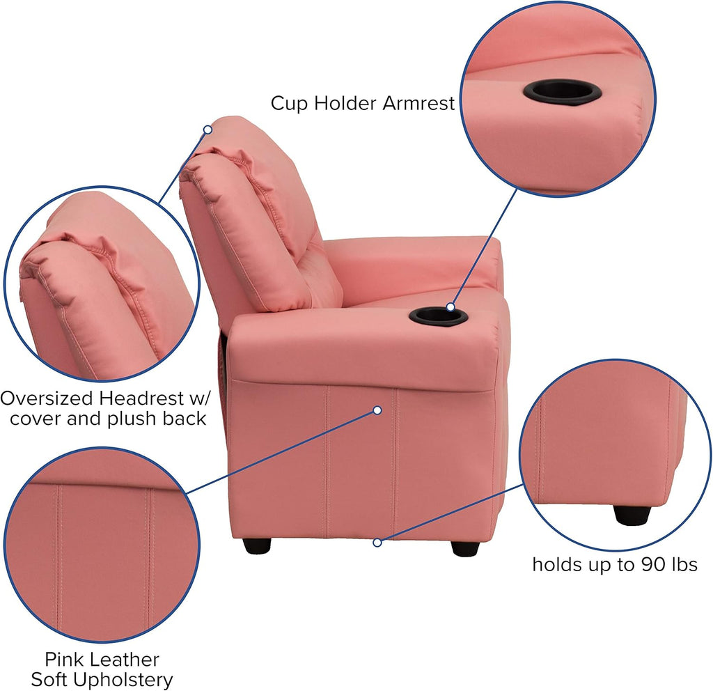 EMMA + OLIVER Pink Vinyl Kids Recliner with Cup Holder and Headrest