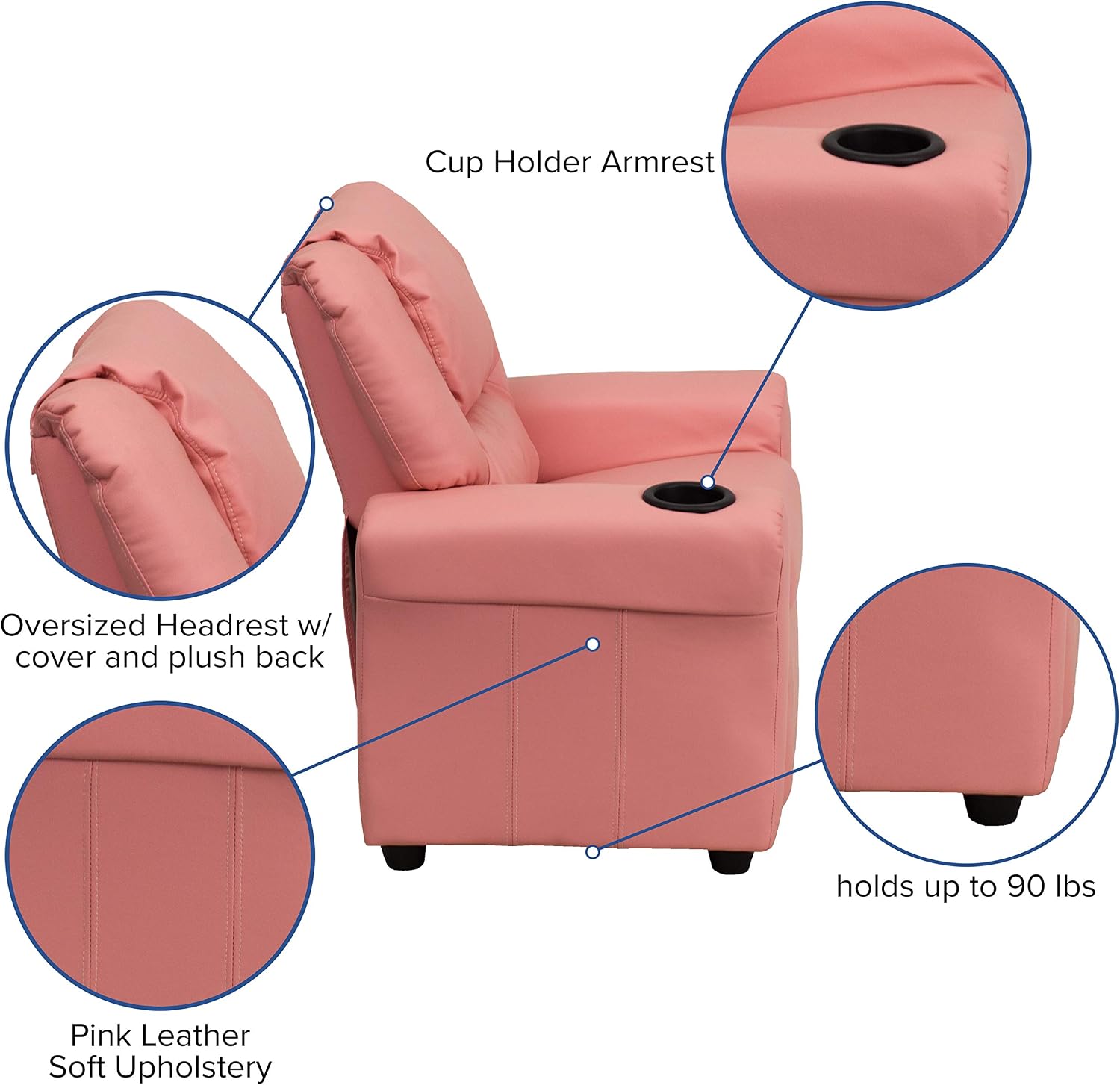 EMMA + OLIVER Pink Vinyl Kids Recliner with Cup Holder and Headrest