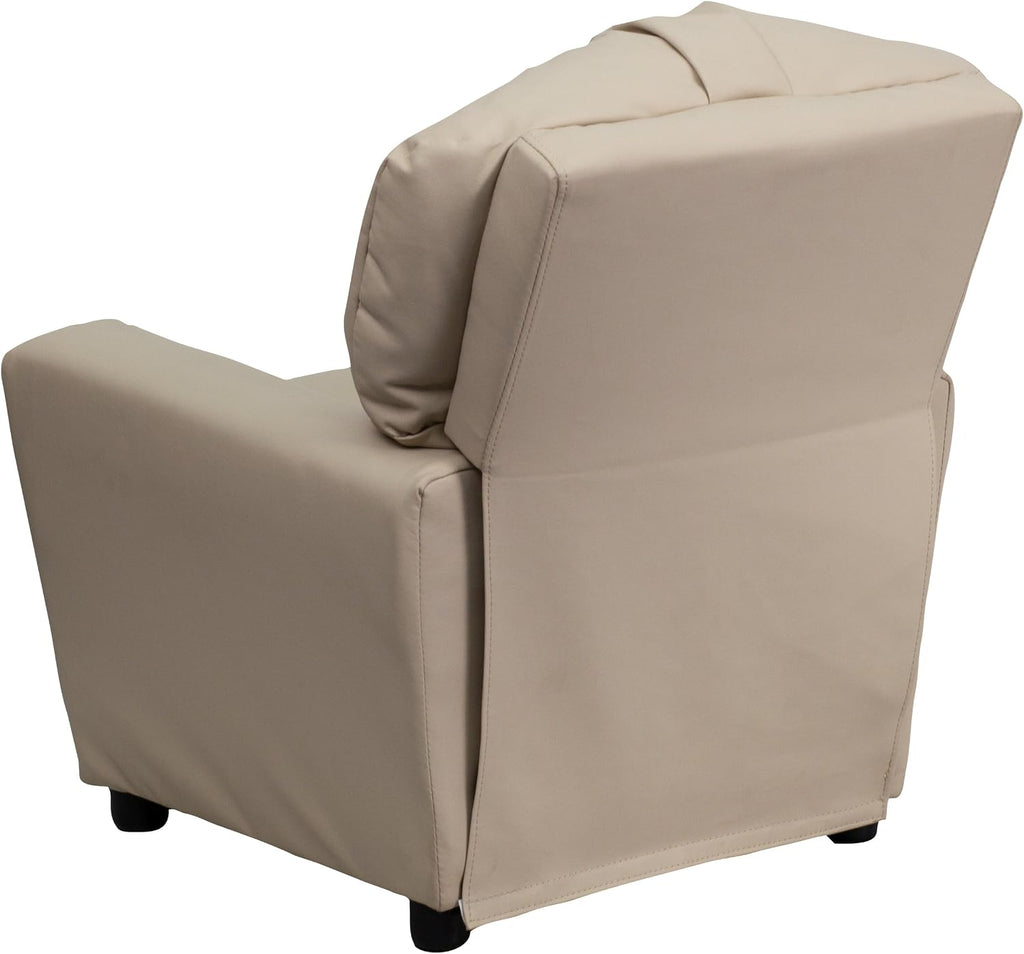 Flash Furniture Chandler Vinyl Kids Recliner with Cup Holder and Safety Recline, Contemporary Reclining Chair for Kids, Supports up to 90 lbs., Beige