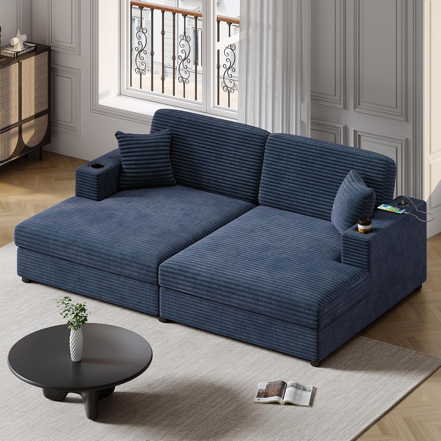 86.5' Oversized Double Chaise Lounge Indoor Corduroy Upholstered Sofa Bed , Deep Seat Lounger Loveseat Recliner Daybed with Dual USB Ports , Two Cup Holders and Throw Pillows for Living Room Bedroom