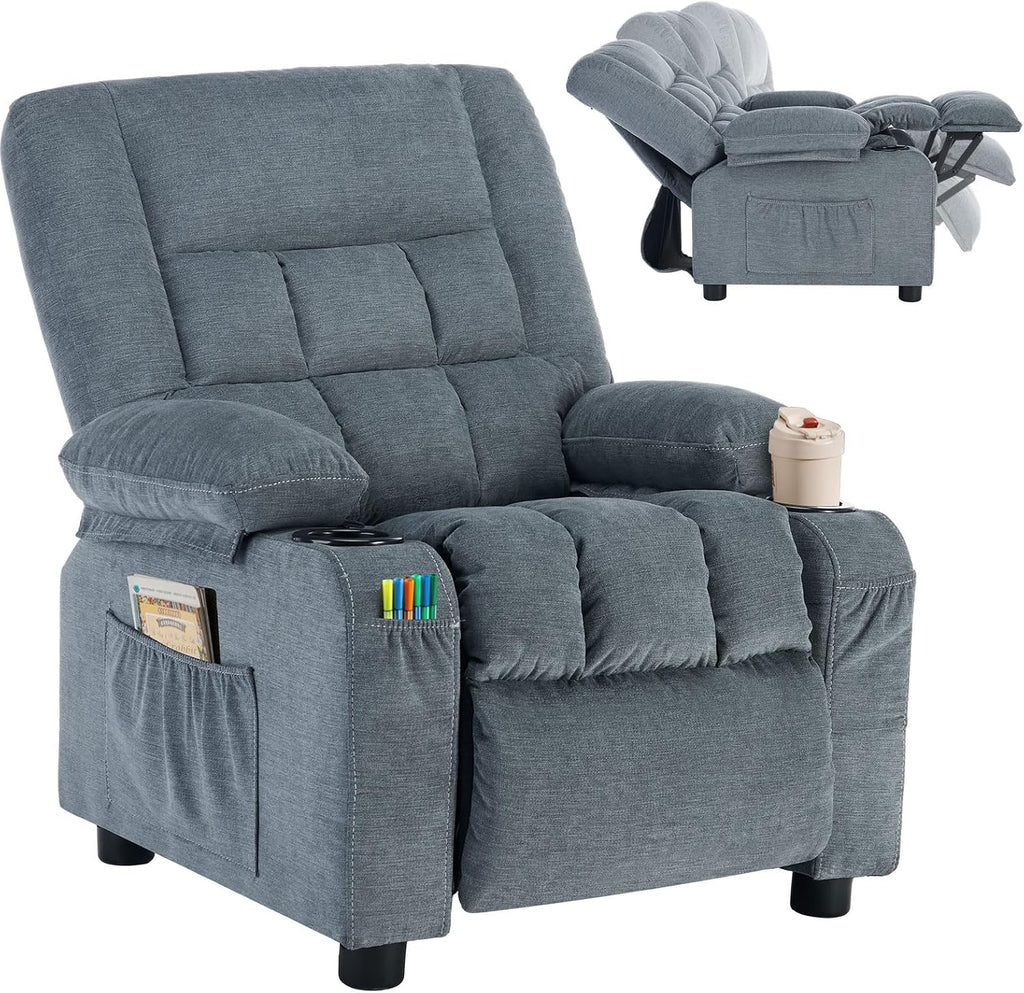 BOSMILLER Kids Recliner Chair， Push Back Toddler Recliner with Cup Holders & Side Pockets， Adjustable Footrest & Headrest Kids Sofa for Boys Girls 3+ Age Group