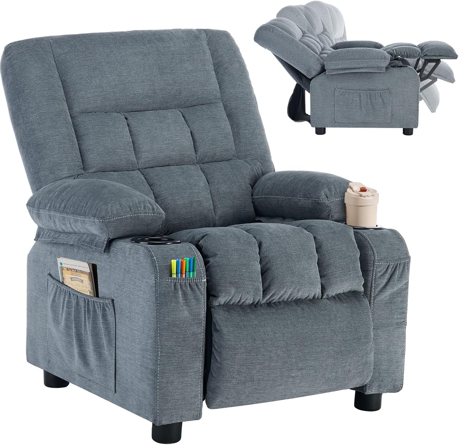 BOSMILLER Kids Recliner Chair， Push Back Toddler Recliner with Cup Holders & Side Pockets， Adjustable Footrest & Headrest Kids Sofa for Boys Girls 3+ Age Group