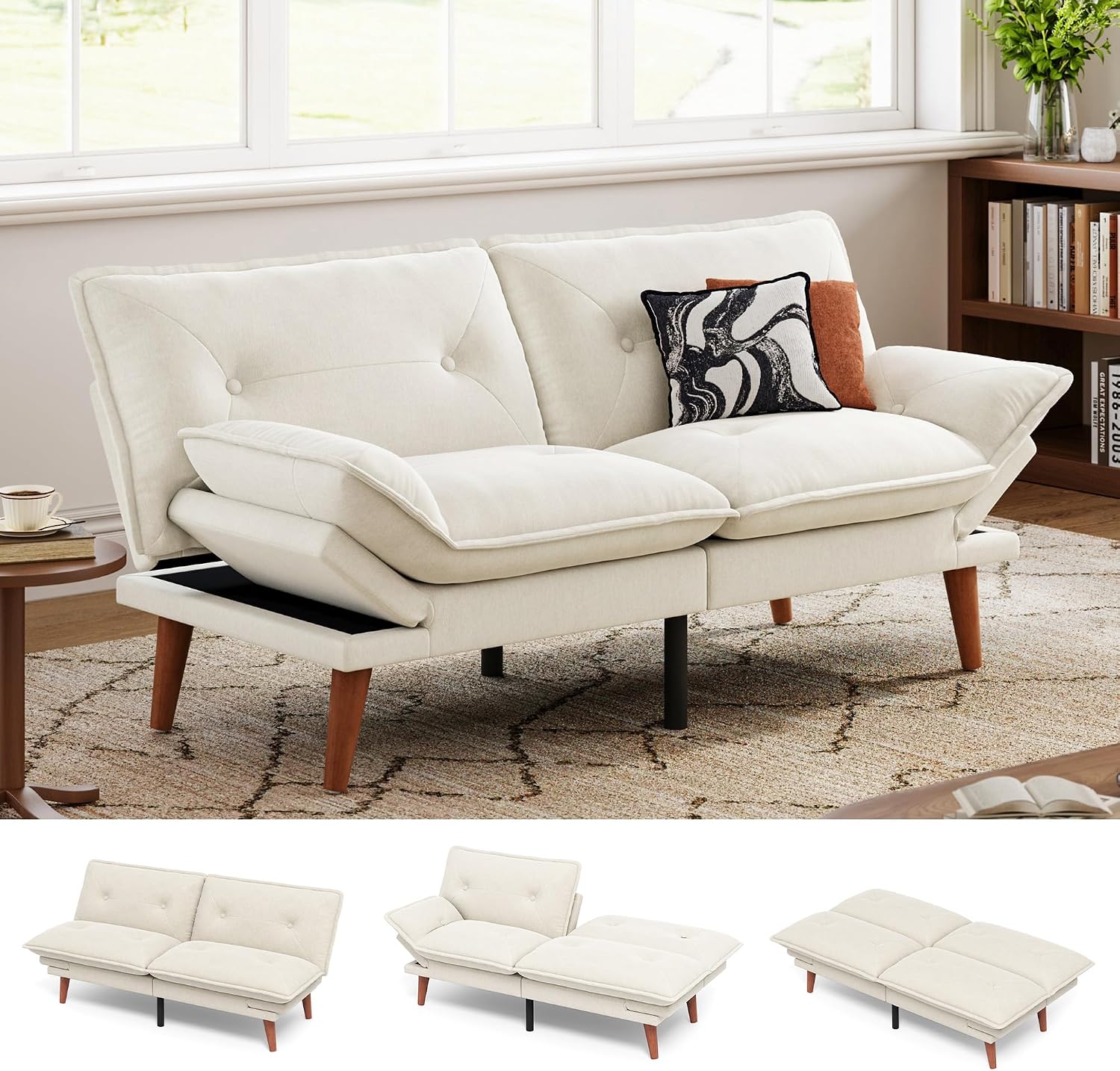 LINSY HOME Futon Sofa Bed, 70' Chenille Futon Couch with Adjustable Backrest Armrest, 3 in 1 Convertible Comfy Loveseat Sleeper Sofa Bed for Small Spaces Dorm Room Apartment Home Office(Beige White)