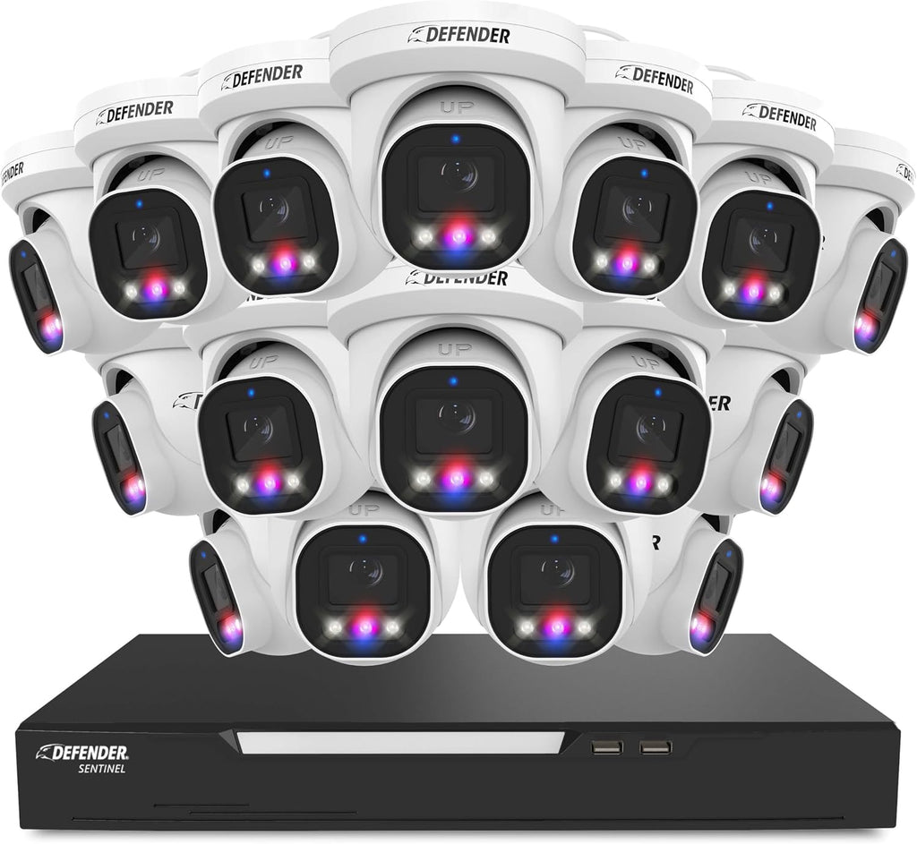 Defender AI Powered Sentinel Pro Turret 16CH NVR PoE Security Camera System, 16pc Metal Turret Cameras, 109° Wide Angle, IP66 Rated, Audio Recording, Web Viewing, 2TB HDD, Works w/Empower App