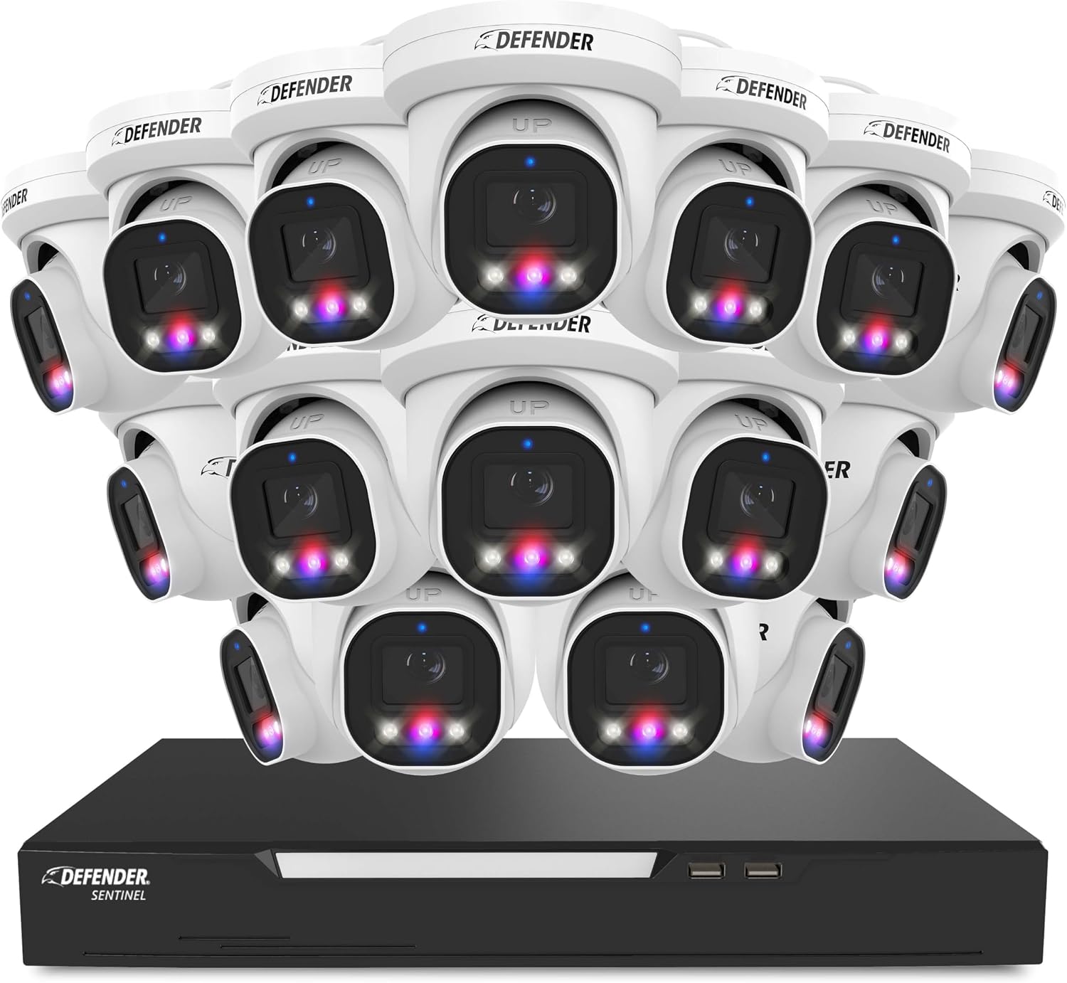 Defender AI Powered Sentinel Pro Turret 16CH NVR PoE Security Camera System, 16pc Metal Turret Cameras, 109° Wide Angle, IP66 Rated, Audio Recording, Web Viewing, 2TB HDD, Works w/Empower App