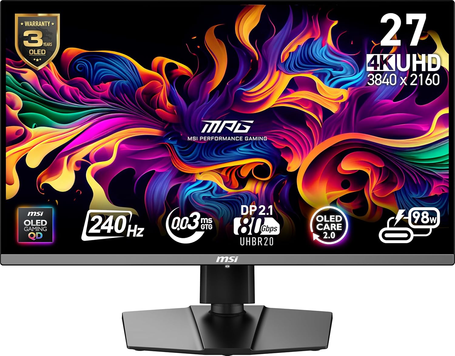 MSI MPG 272URX QD-OLED 27-inch 3840 x 2160 (UHD) Computer Monitor, 240Hz, Adaptive-Synch, HDMI, DP Port, VESA Mountable, Tilt, Speaker, 0.03ms, Black (Renewed)