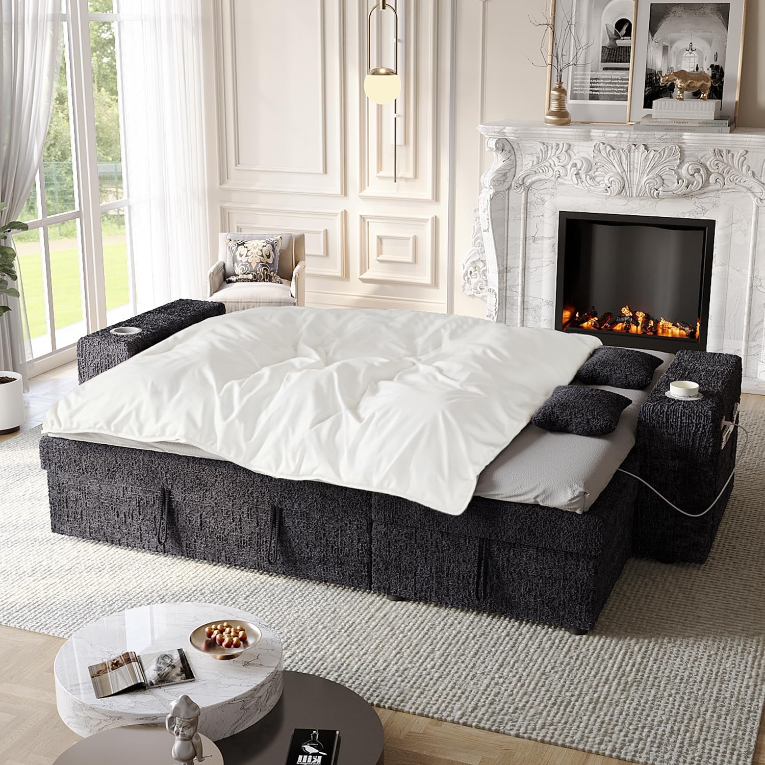 90 Inch Sleeper Sofa Bed, 4 in 1 Pull Out Couch Bed with Adjustable Backrest | Reversible Storage Chaise | Wide Armrest | Tool Free Assembly, Sectional Couches for Living Room, Black Chenille