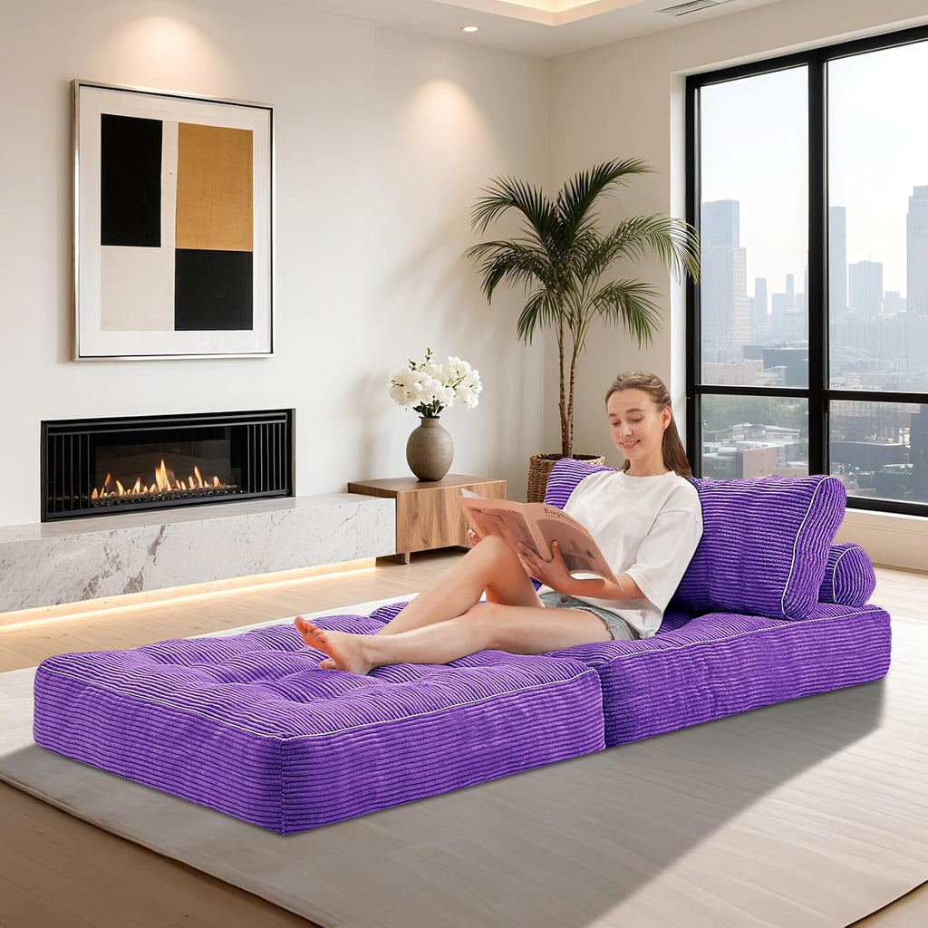 HABUTWAY Folding Sofa Bed, Convertible Sleeper Chair Bed w/Dual-Pillow & Handle, Foldable Floor Sofa Lounge w/Back Support for Living Room, Bedroom, Apartment, Office, Single, Purple