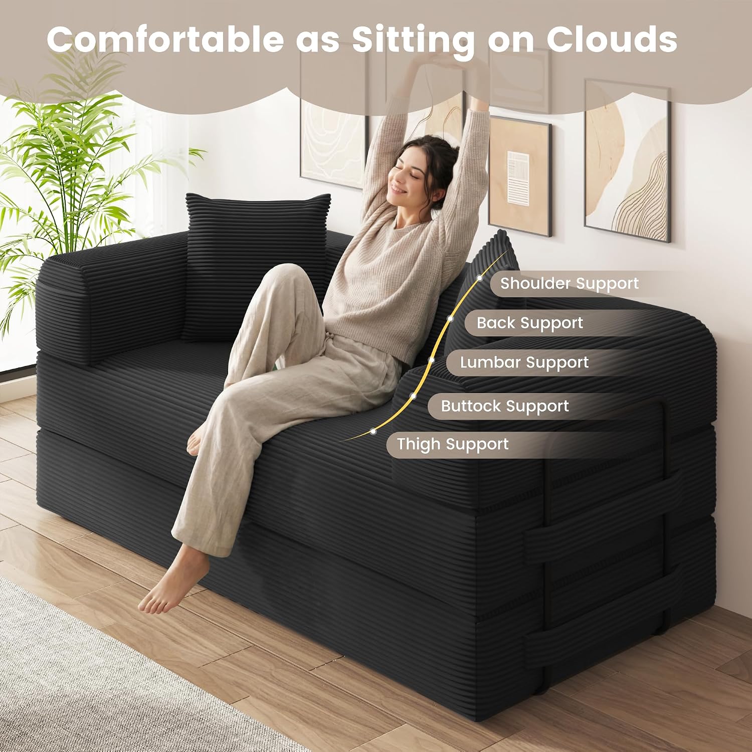 80' Convertible Sofa Bed, 5 in 1 Modular Boneless Couch Sleeper Sofa Bed with Fixed Frame & Removable Backrest Pillow, Washable Corduroy Futon Sofa Bed Couch in a Box for Small Spaces, Dark Black