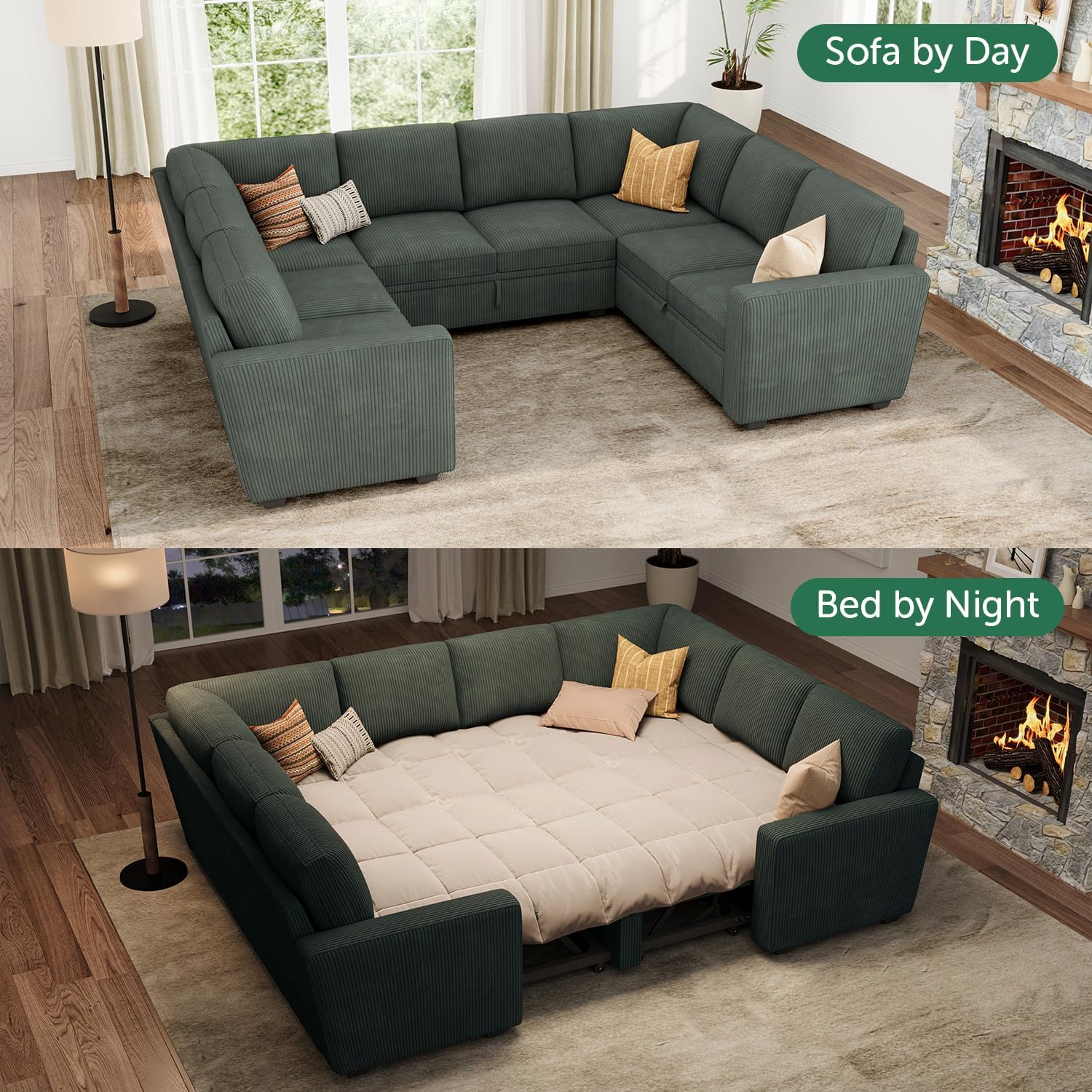 HONBAY Modular Sectional Pull Out Couch Bed, Corduroy Sleeper Sofa with Storage Seats, Oversized U Shaped Sectional Couches for Living Room, Green