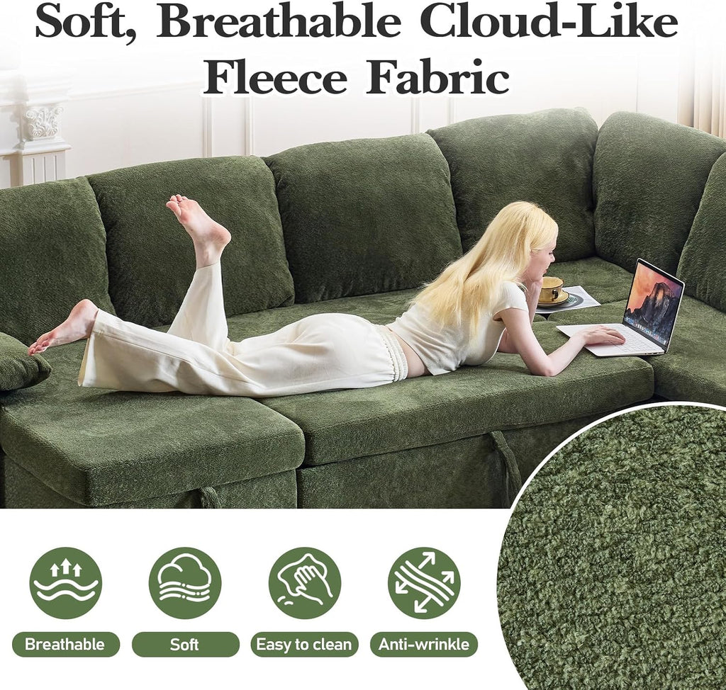 VINGLI Convertible Sofa Bed Couches for Living Room, Sleeper Sofa with Pull Out Couch Bed, Cloud-Like Plush Fleece U-Shape Sectional Couch with Storage Chaise, USB Charging, Side Pockets