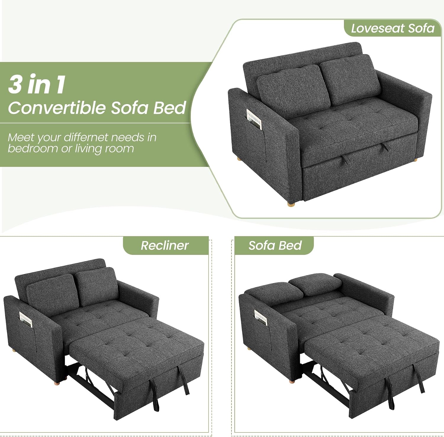 SEJOV Sleeper Sofa, 3-in-1 Convertible Pull Out Couch Bed Futon Sofa, Linen Fabric Loveseat with 2 Pillows and Adjustable Backrest, Chaise Lounge for Small Spaces Apartment Dorm, Office, Black