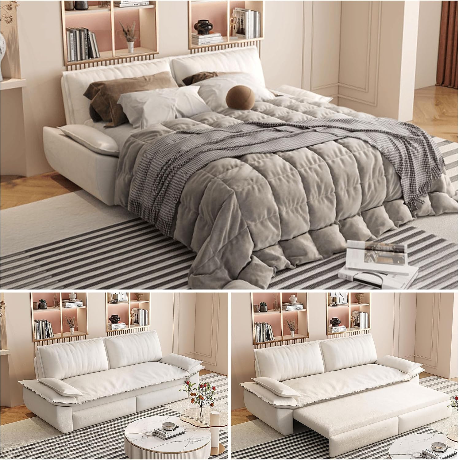 73.2' Queen Size Pull Out Sofa Bed, 3-in-1 Convertible Sleeper, Velvet Loveseat for Living Room, Apartment, Bedroom Small Spaces, Beige (Mattress & Bedding Not Included)