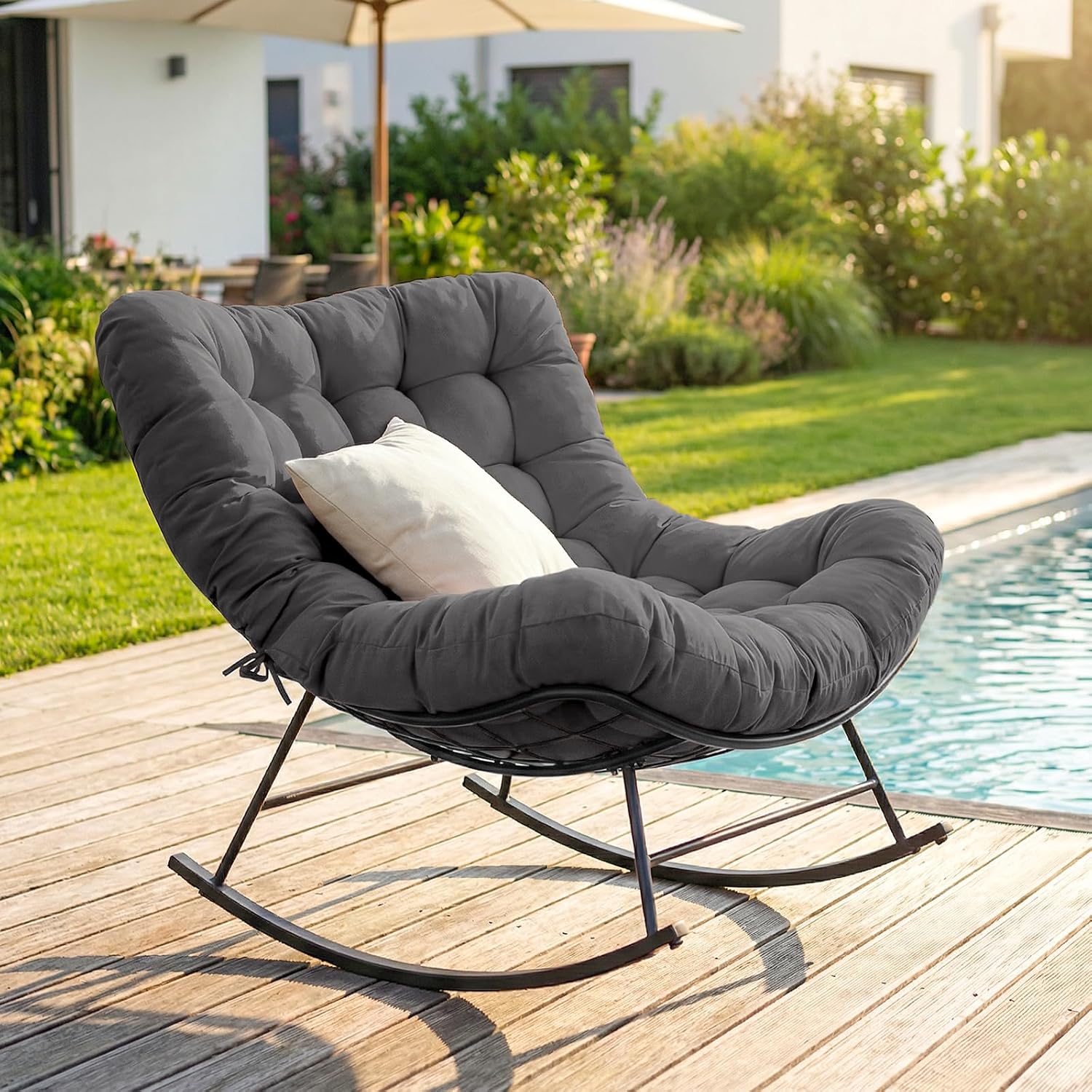 Cushioned Rocking Papasan Chair for Outdoor Indoor, Oversized Outdoor Rocking Chair with Cushion, Egg Rocker for Patio, Porch, Balcony, Lawn, Bedroom, Living Room, Gray