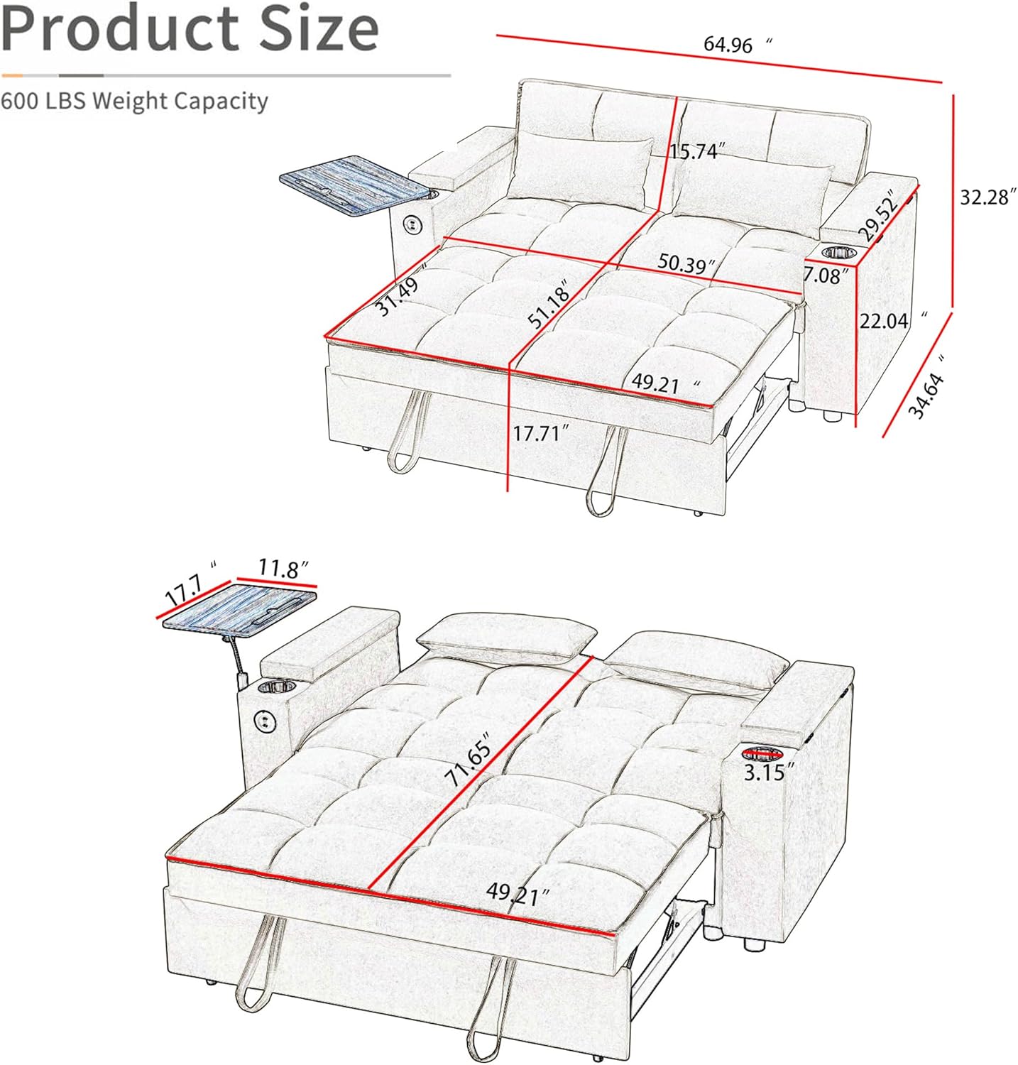 hansones 65'' Convertible Sofa Bed 3-in-1 Pull Out Couch, Folding Sleeper Sofa with 360° Swivel Side Table, Modern Chenille Fabric Futon, Small Space Living Room Furniture, Easy Assembly