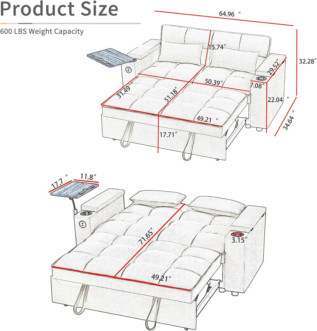 Auvsoce 65'' Convertible Sleeper Sofa Bed with Adjustable Backrest, Chaise Lounge, Side Table & USB/Type-C Ports – Stylish & Functional Addition to Any Living Room (Fashion Pink)