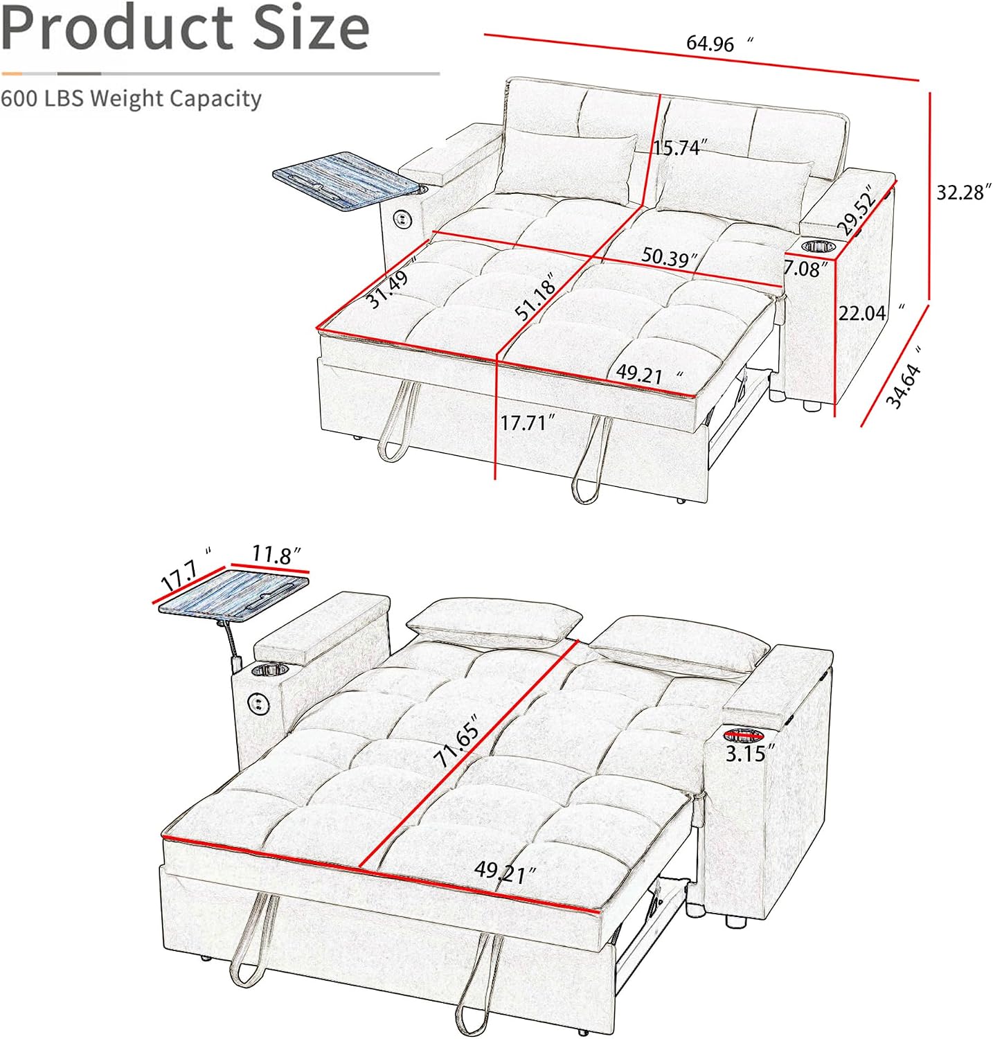 Auvsoce 65'' Convertible Sleeper Sofa Bed with Adjustable Backrest, Chaise Lounge, Side Table & USB/Type-C Ports – Stylish & Functional Addition to Any Living Room (Fashion Pink)