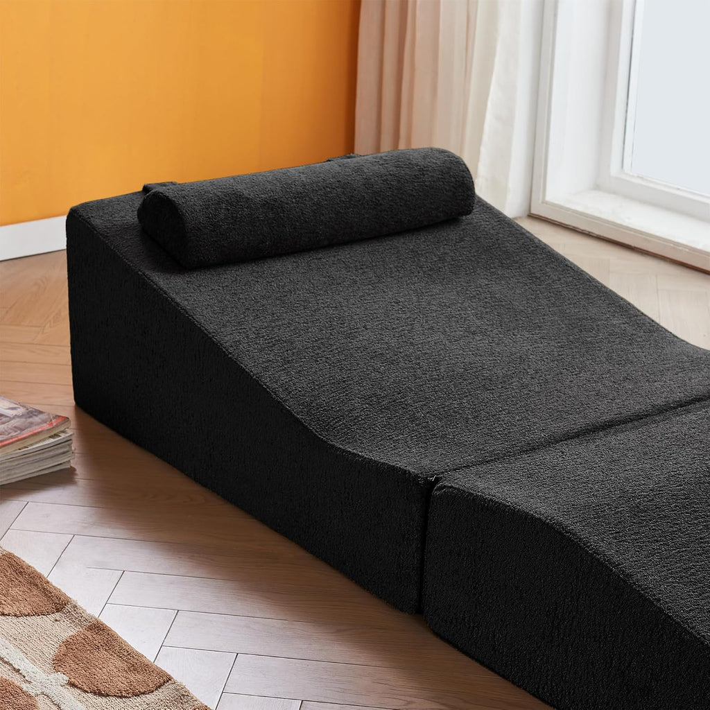 GDFStudio Rue Velvet Foldable Sofa Bed, Convertible Sleeper Chair with Pillow, Foldable Mattress with Back Support, Portable Lounge Sofa for Living Room/Bedroom, No Assembly Needed, Black