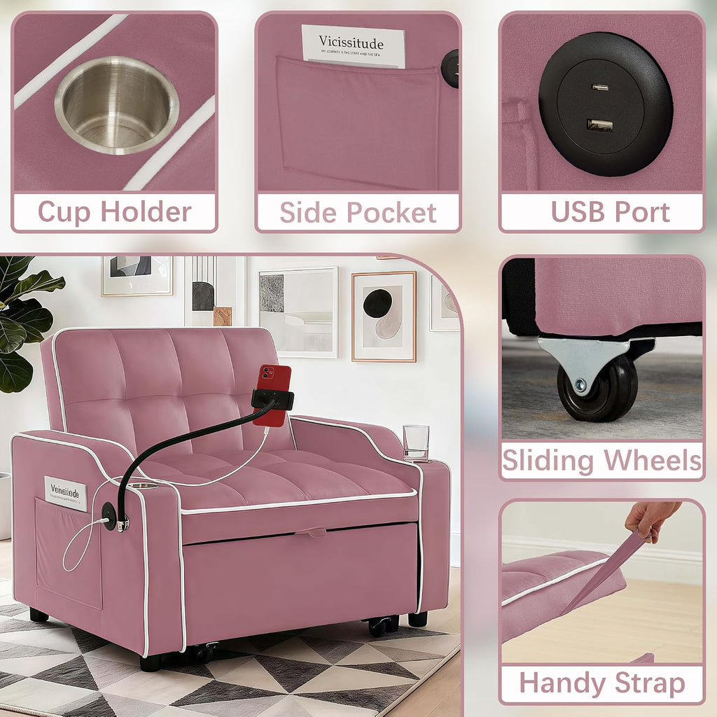 Convertible Armchair Sofa Bed with USB Port & Phone Holder, Pull-Out Single Chair Bed Sleeper for Small Spaces, Modern Upholstered Recliner Chair (Pink)