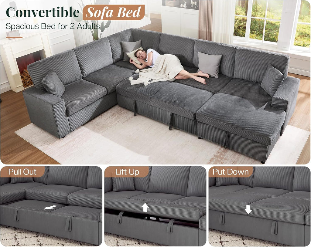 Jocisland 130' Sofa Bed, Sleeper Sofa, Pull Out Sleeper Couch with Storage, Convertible 6-Seater Sofa Bed for Living Room, Corduroy Grey