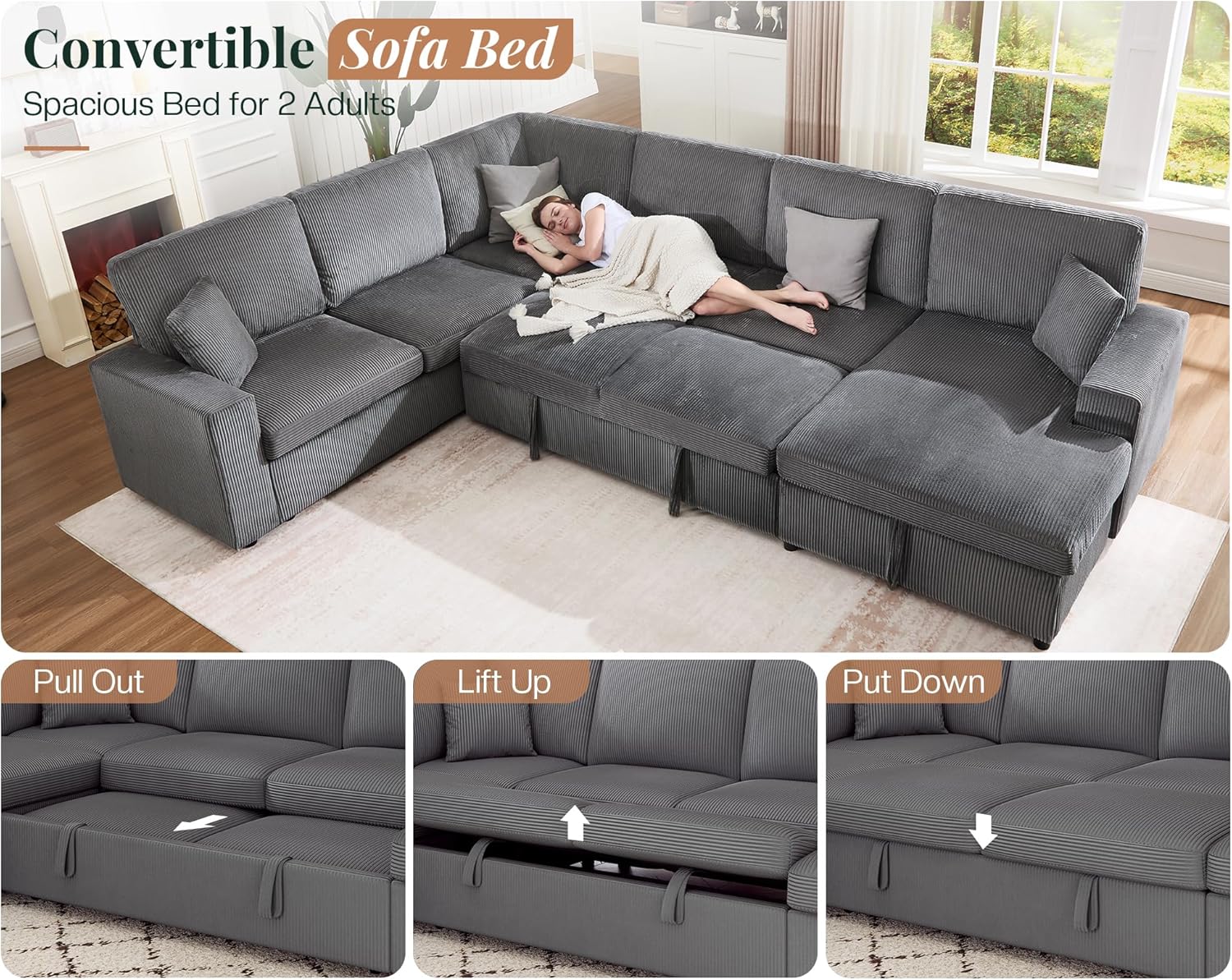 Jocisland 130' Sofa Bed, Sleeper Sofa, Pull Out Sleeper Couch with Storage, Convertible 6-Seater Sofa Bed for Living Room, Corduroy Grey