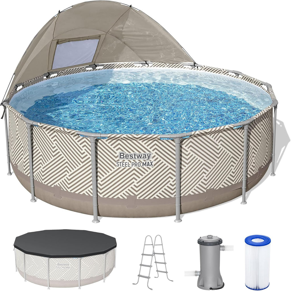 Bestway Steel Pro MAX 13' x 42' Above Ground Pool, Round Metal Frame Outdoor Swimming Pool Set with Canopy, Filter Pump, Ladder, and Cover, Taupe