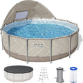 Bestway Steel Pro MAX 13' x 42' Above Ground Pool, Round Metal Frame Outdoor Swimming Pool Set with Canopy, Filter Pump, Ladder, and Cover, Taupe