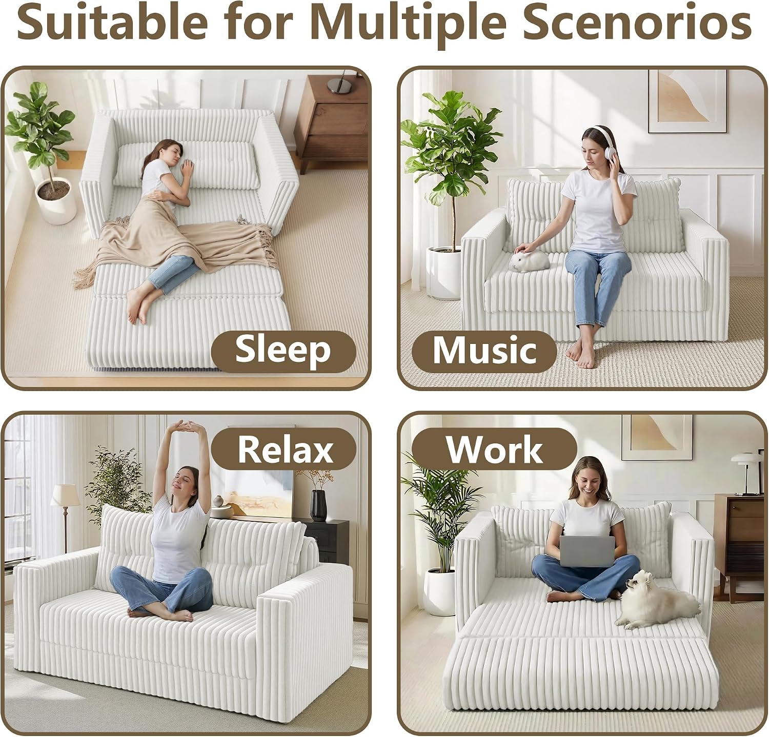 HABUTWAY Folding Sofa Bed, 2 in 1 Convertible Sleeper Chair with Pillow, Portable Fold Out Chair Bed with Armrest, Comfy Floor Couch, Lazy Sofa for Living Room Bedroom Dorm Home Office, Beige