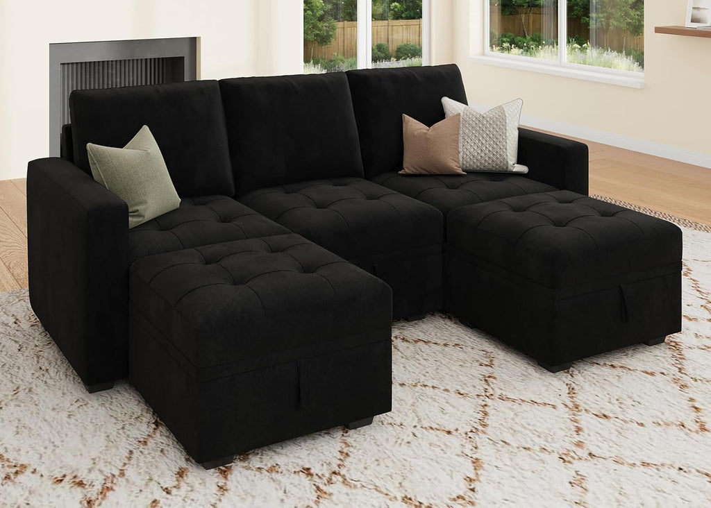 HONBAY Modular Sectional Couch U Shaped Sofa with Storage Seats Sectional Couches for Living Room,Black